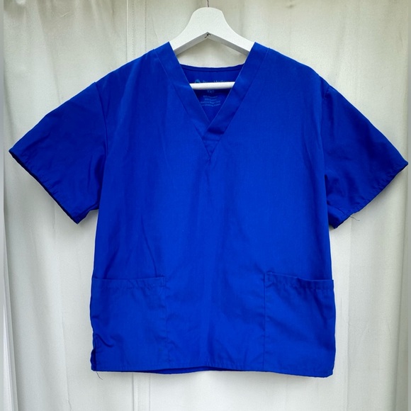 Prism Medical Scrub Top Blue Short Sleeve Pockets V-Neck Nurse Unisex Size XXS - Picture 2 of 9